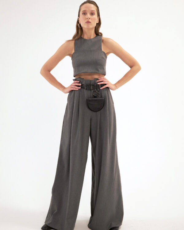High-waisted gray trousers
