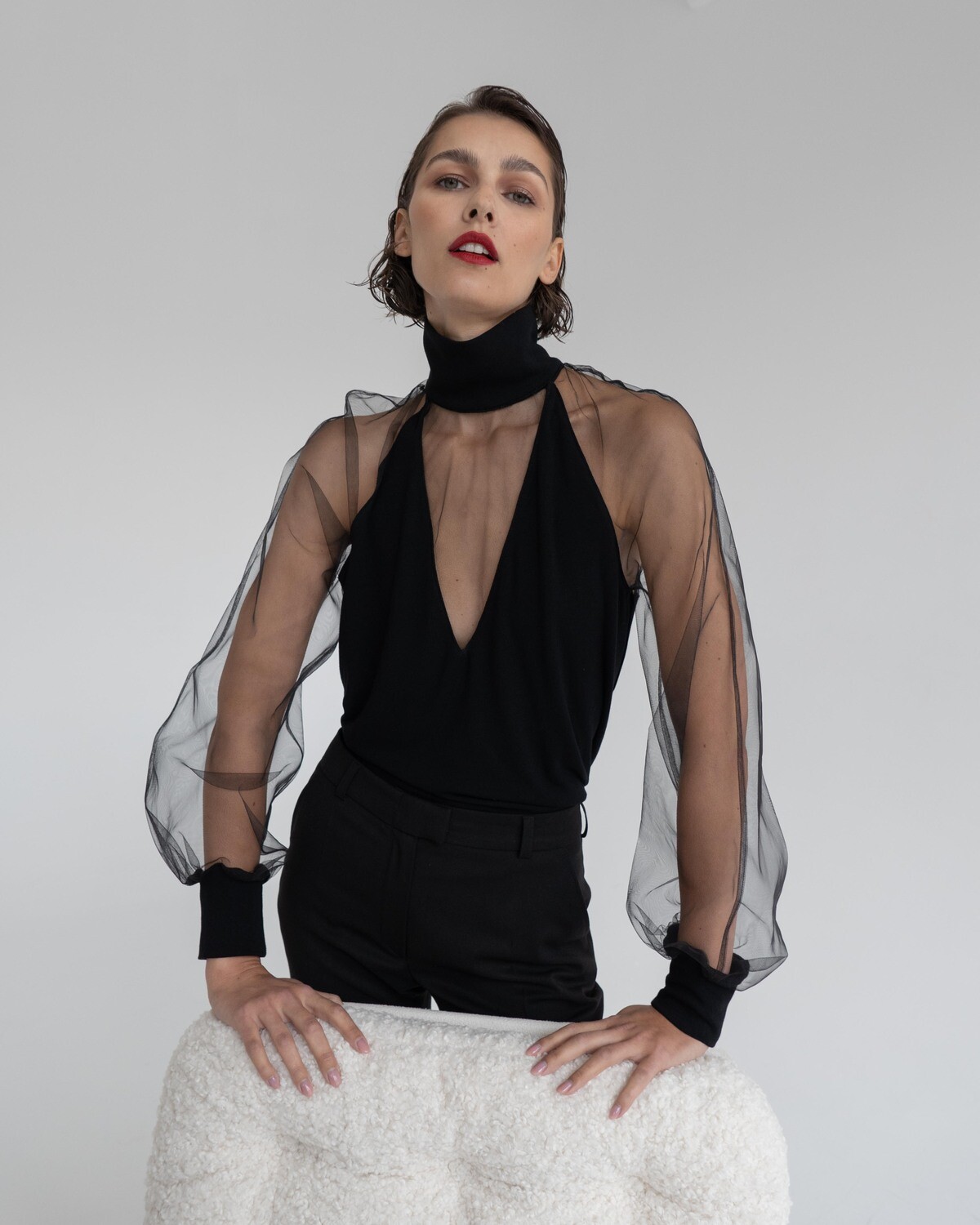 Black sheer top with high neck - Scale-11
